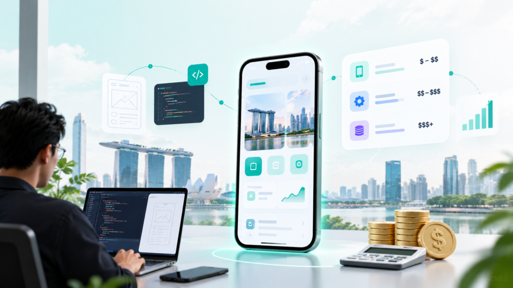 Developer building a mobile app in Singapore with cost estimate cards and coins beside a phone