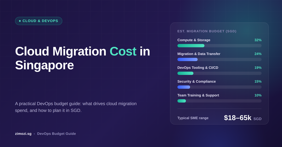 Cloud migration cost breakdown for Singapore SMEs showing a DevOps budget guide with compute, migration, tooling, security, and training cost percentages