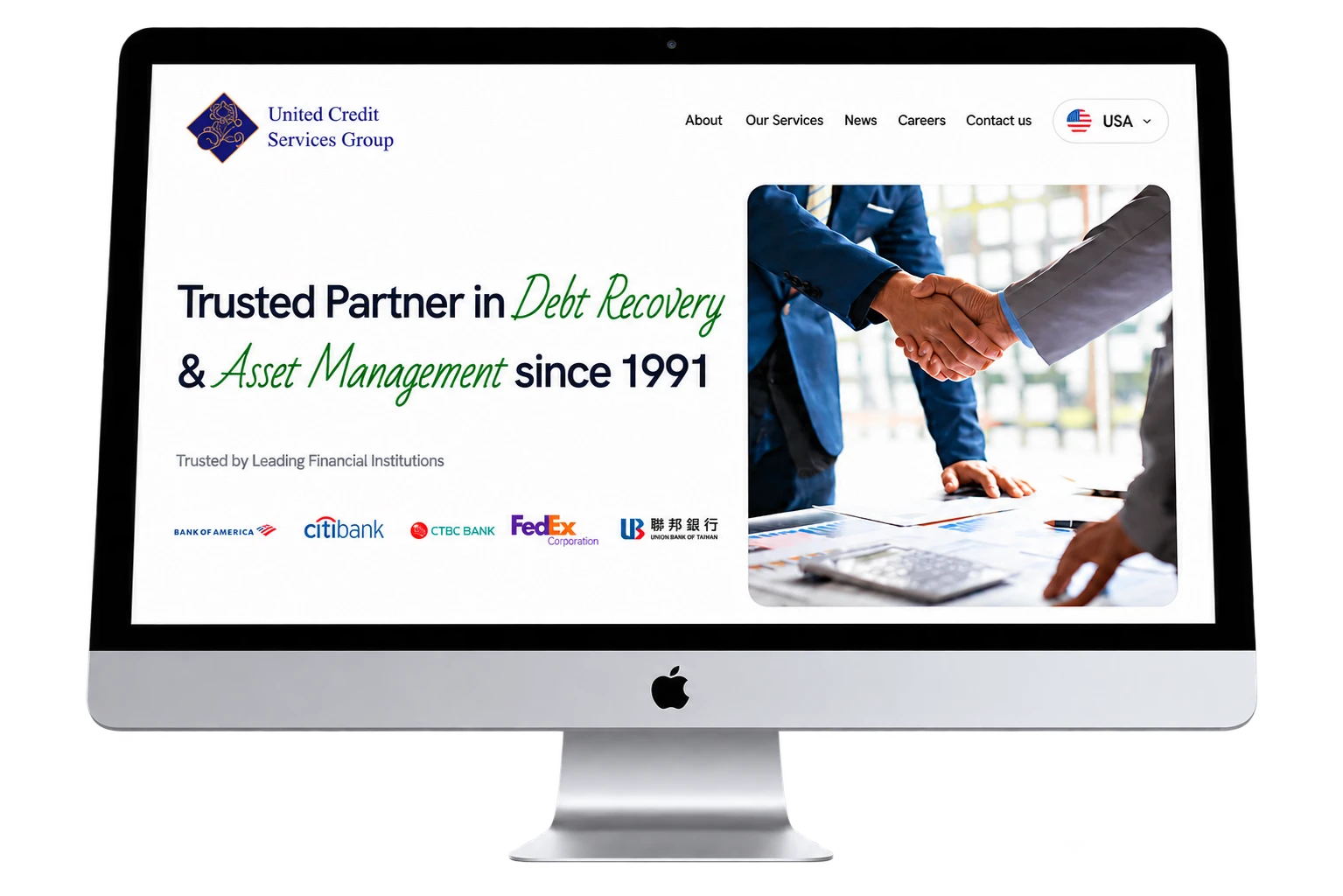 United Credit Services Group website homepage shown on a desktop monitor